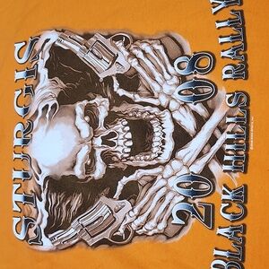 STURGIS BLACK HILLS RALLY 2008 SKULL GRAPHIC ORANGE CREW-NECK TEE-SHIRT